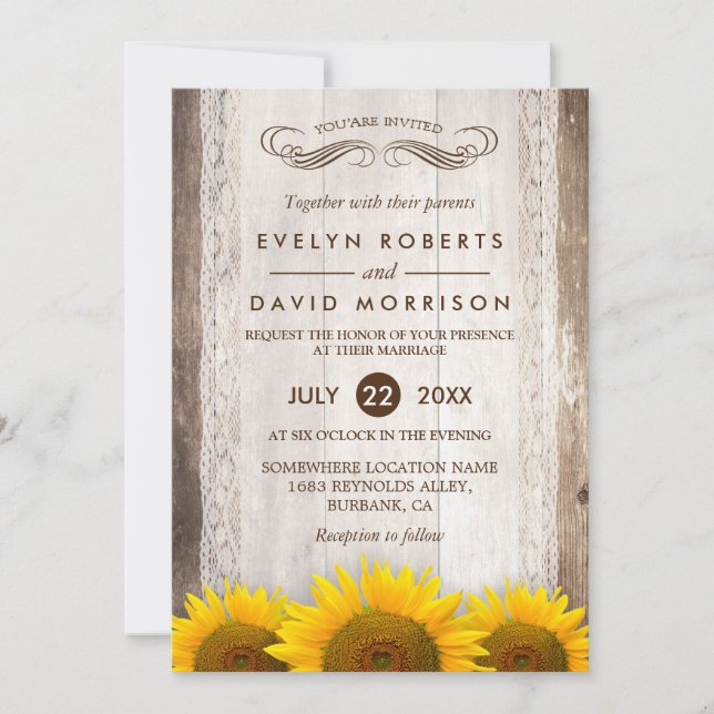 Invitation Dentelle de tournesol en bois rustique Mariage de  (Devant)