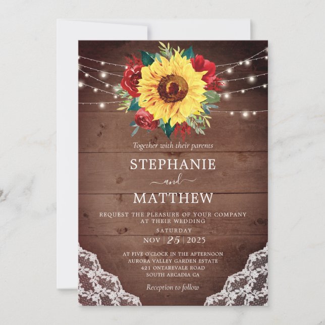 Invitation Dentelle de tournesol rustique Mariage de automne  (Devant)