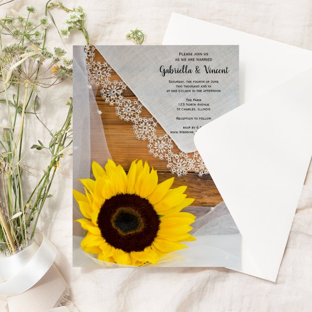 Invitation Dentelle de tournesol rustique Pays Mariage de gra (Créateur téléchargé)