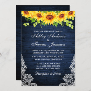 Invitation Dentelle de verdure fleurie en bois bleu rustique