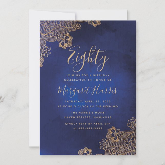 Invitation Dentelle d'huile d'or Ornate Bleu 80e Anniversaire (Devant)