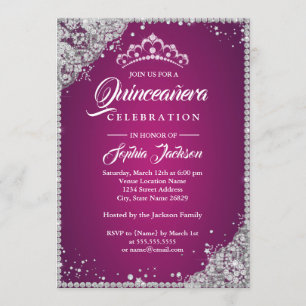 Invitation Dentelle diamant Étincelle rose Silver Quinceanera