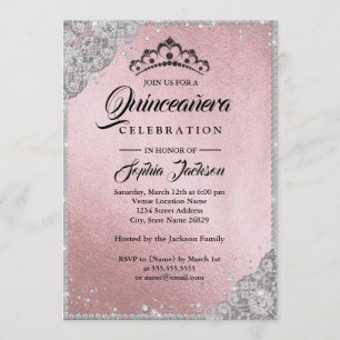 Invitation Dentelle diamant Étincelle rose Silver Quinceanera