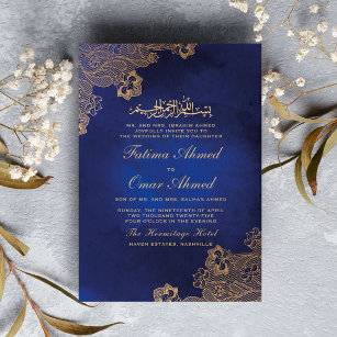 Invitation Dentelle d'or Ornat bleu musulman Mariage musulman