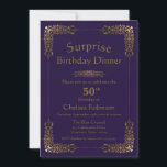 Invitation Dentelle d'or pourpre Surprise 50e anniversaire Dî<br><div class="desc">Un élégant violet personnalisable avec doré orné dentelle surprise 50e anniversaire invitation dîner.</div>