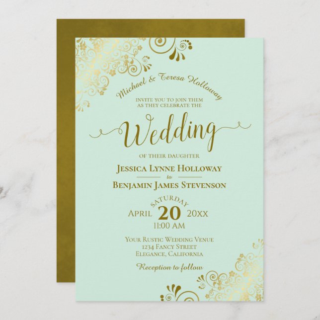 Invitation Dentelle d'or sur Mint Green Élégant Mariage forme (Devant / Derrière)