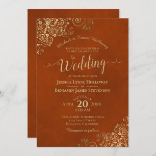 Invitation Dentelle d'or sur rouille Orange Élégant Mariage f