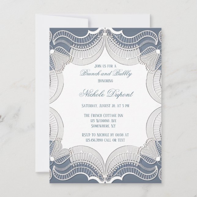 Invitation Dentelle Élégante Sur Mariage Bleu Brunch & Bubbly (Devant)
