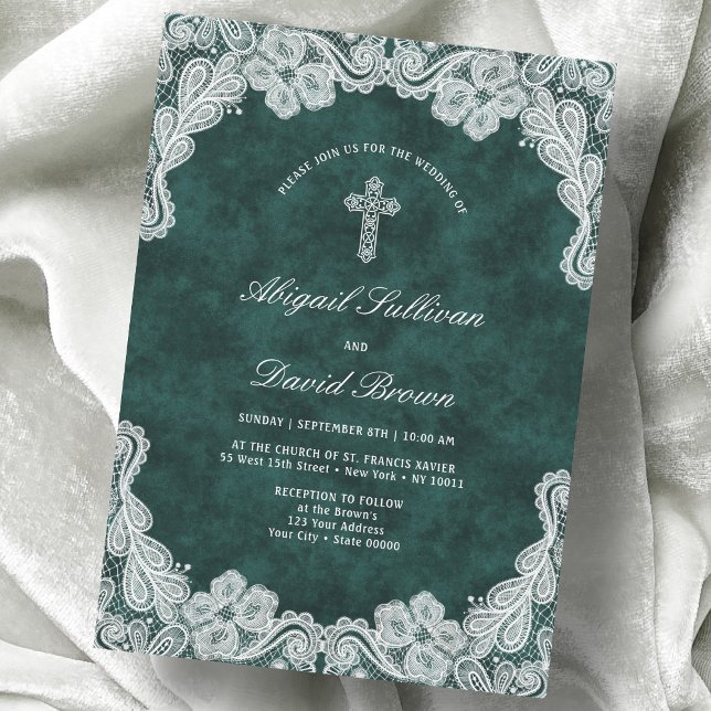 Invitation Dentelle Emerald Green Velvet Mariage religieux (Créateur téléchargé)