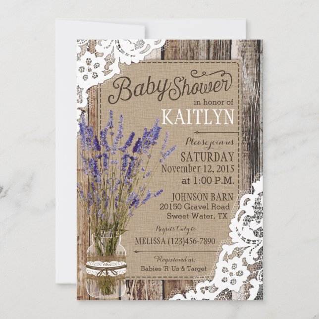 Invitation Dentelle en bois bleu Lavande Baby shower rustique (Devant)