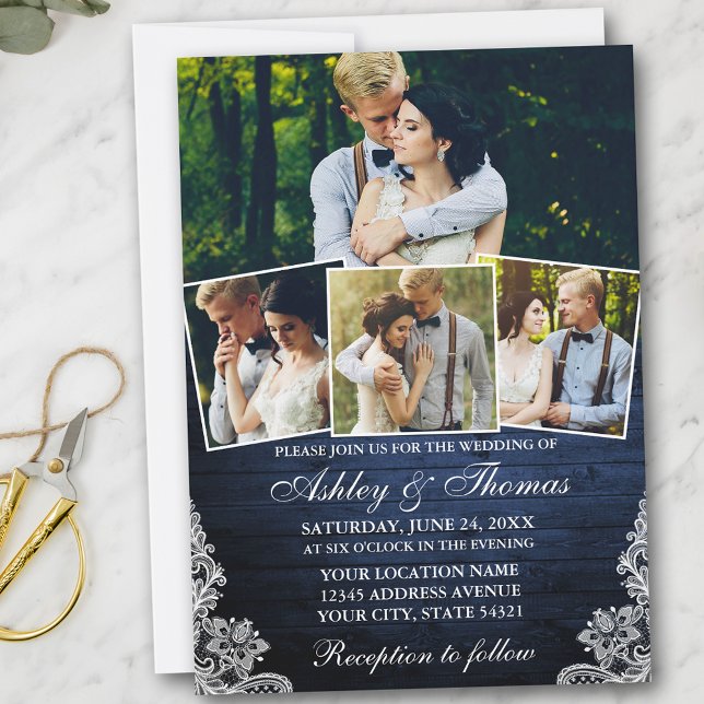Invitation Dentelle en bois bleu rustique 4 Mariage photo (Customize to add more text or more photos to back of card.)