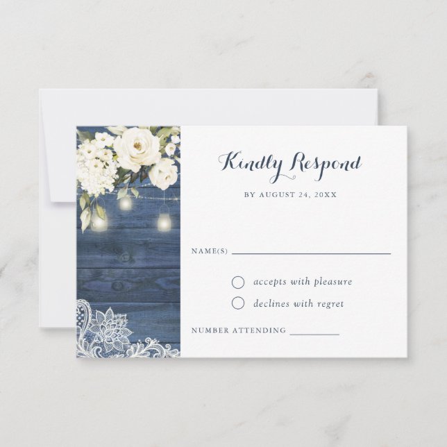 Invitation Dentelle en bois bleu rustique Blanc Floral Mason  (Devant)