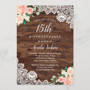Invitation Dentelle en bois rustique floral 15e anniversaire