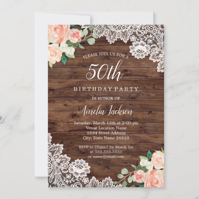 Invitation Dentelle en bois rustique floral 50e anniversaire  (Devant)