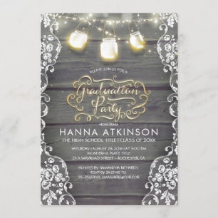 Invitation Dentelle en bois rustique Mason Jar Lights Graduat