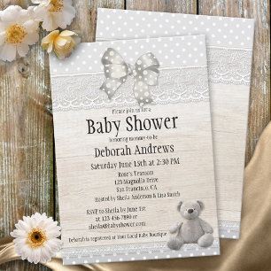 Invitation Dentelle en bois rustique Teddy Baby shower Ours I