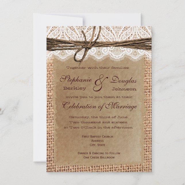 Invitation Dentelle en papier rustique Burlap Imprimer Invita (Devant)
