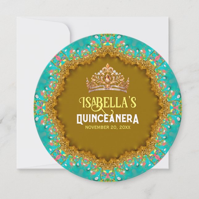 Invitation Dentelle en satin d'or Turquoise & Tiara Quinceañe (Devant)
