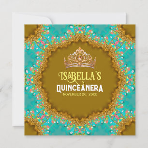 Invitation Dentelle en satin d'or Turquoise & Tiara Quinceañe