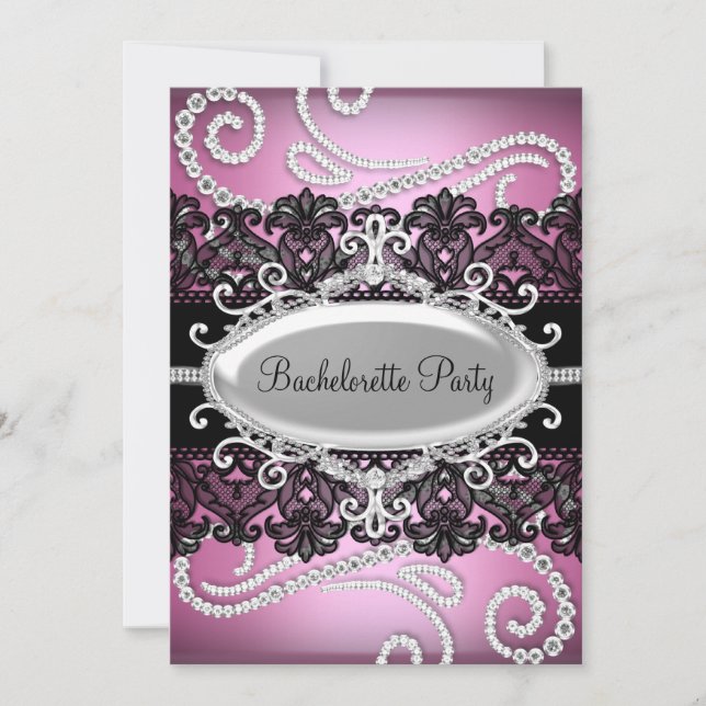 Invitation Dentelle et bijoux en damas rose noir Bachelorette (Devant)