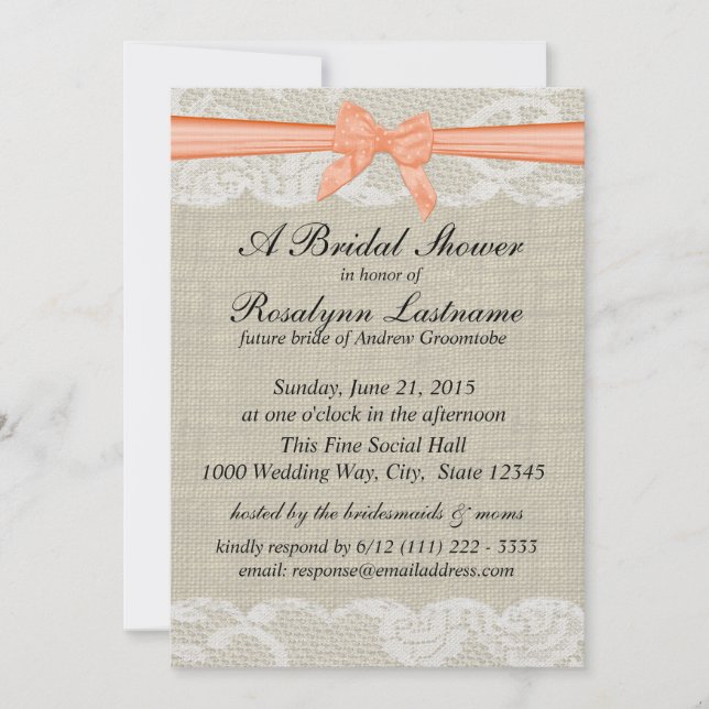 Invitation Dentelle et burlap avec Fête des mariées à bec (Devant)