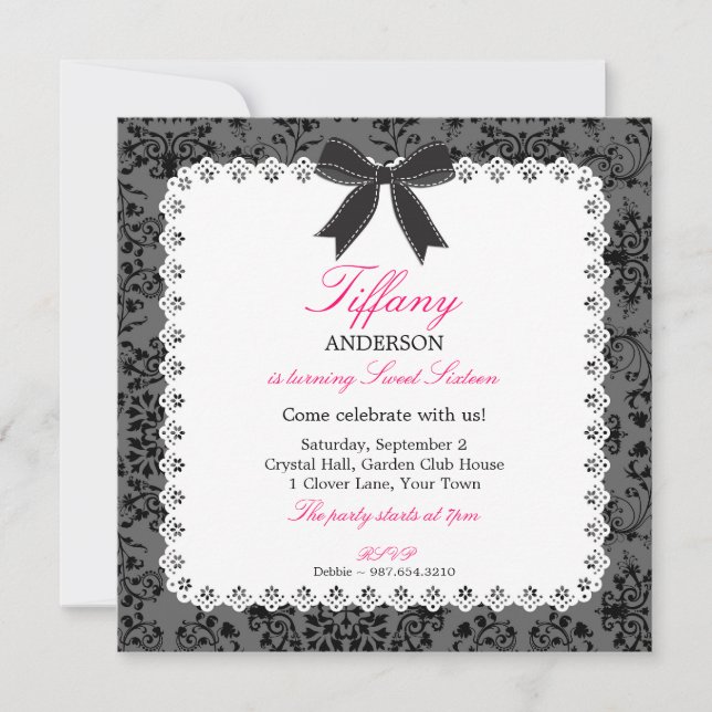 Invitation Dentelle et Damas avec Black Bow Sweet 16 Annivers (Devant)