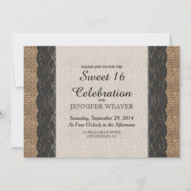 Invitation Dentelle et jute noirs rustiques (Devant)