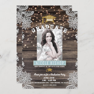 Invitation Dentelle et lumières en bois rustique