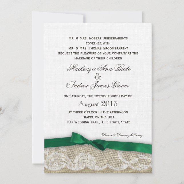Invitation Dentelle et mariage d'arc de vert vert (Devant)