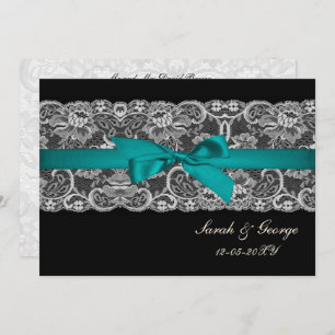 Invitation Dentelle Faux et ruban aqua, mariage noir invite