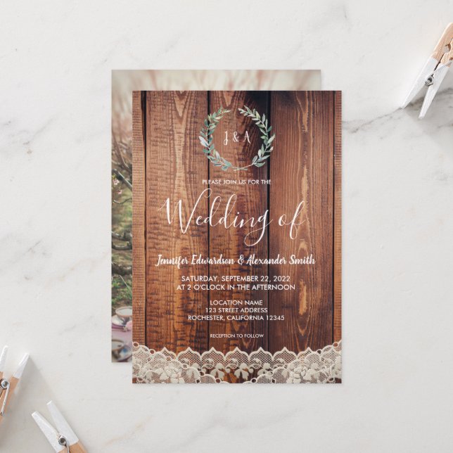 Invitation Dentelle feuille rustique sur mariage photo en boi (Devant/Arrière en situation)