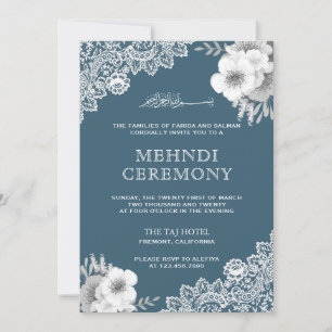 Invitation Dentelle Fleurie Bleue Élégante Islamique Musulman