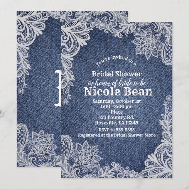 Invitation Dentelle Fleurie Denim & Blanc Élégant pour Mariag (Devant / Derrière)