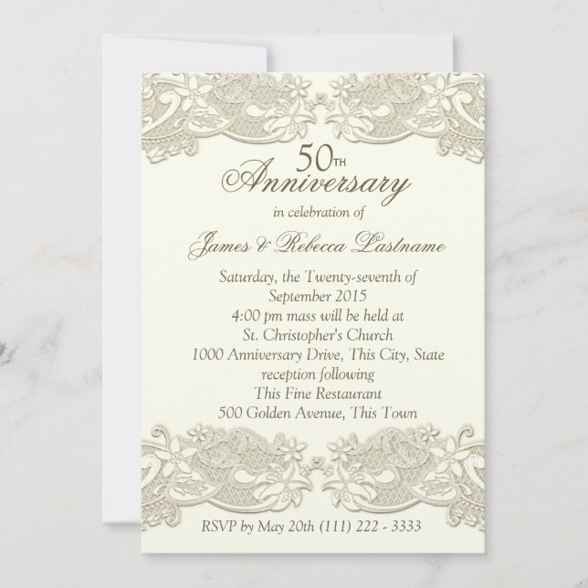 Invitation Dentelle Fleurie Vintage 50e Anniversaire (Devant)