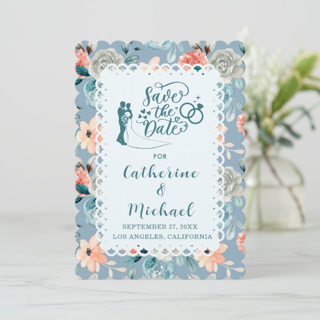 Invitation Dentelle florale bleu foncé | Calligraphie décorat (Debout devant)