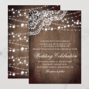 Invitation Dentelle Florale & Chaîne De Lumières Mariage En B