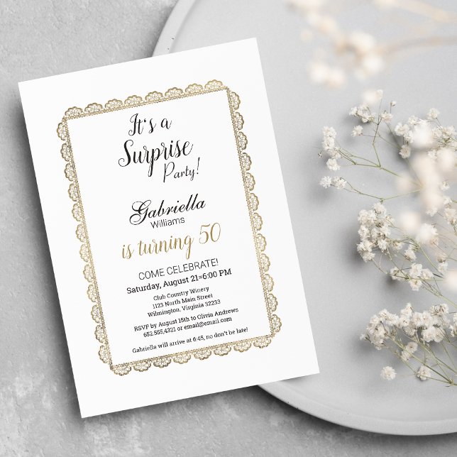 Invitation Dentelle florale chic blanc de luxe Surprise Party (Luxury white chic gold floral lace Surprise Party )