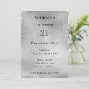 Invitation Dentelle florale d'argent romantique Anniversaire