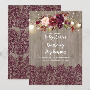 Invitation Dentelle florale de Bourgogne Baby shower rustique