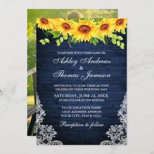 Invitation Dentelle florale en bois bleu rustique
