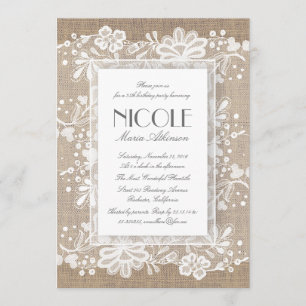 Invitation Dentelle florale et Burlap Élégante fête d'anniver