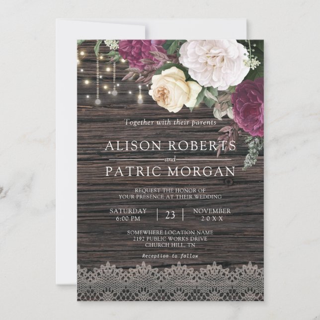 Invitation Dentelle florale Mariage en bois rustique (Devant)
