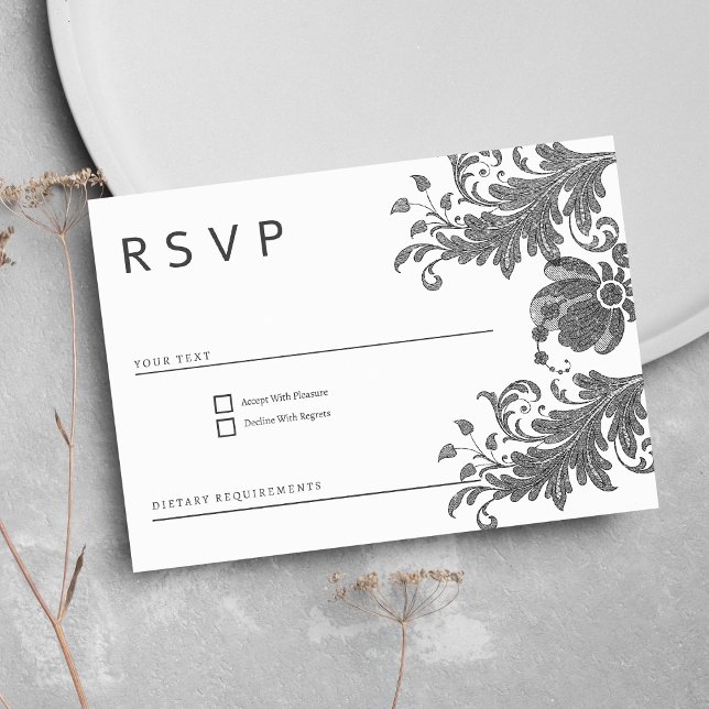Invitation Dentelle florale noire simple RSVP (Simple black white glitter floral lace RSVP )