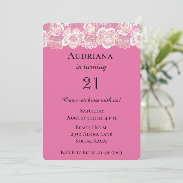 Invitation Dentelle florale rose Fille Anniversaire (Debout devant)