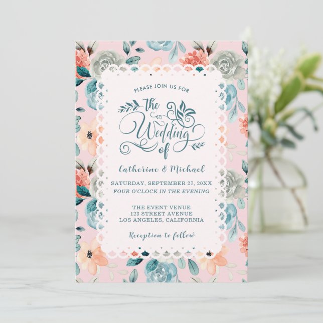 Invitation Dentelle florale rose pâle Élégante calligraphie d (Debout devant)
