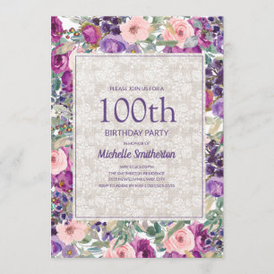 Invitation Dentelle florale rose pourpre 100e anniversaire