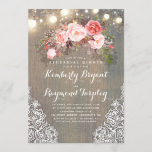 Invitation Dentelle florale rustique Lights Dîner de répétiti