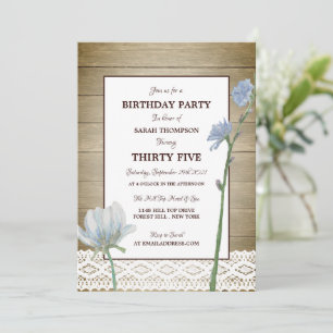 Invitation Dentelle florale sauvage en bois rustique, anniver