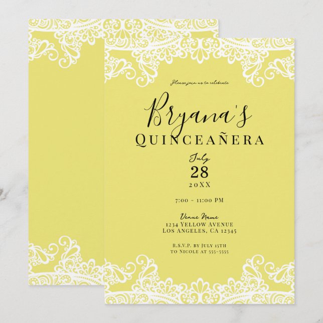 Invitation Dentelle jaune et blanche Elégante Quinceañera Par (Devant / Derrière)