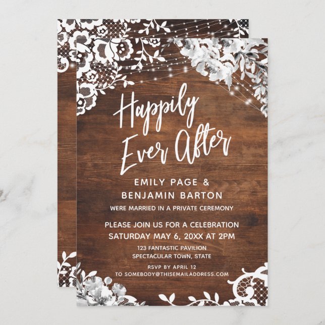 Invitation Dentelle, Lumières et Fleurs sur Bois Pour Toujour (Devant / Derrière)